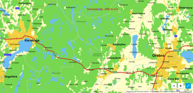 Karta som visar den skarpa östliga kant som Kilsbergen har. Kilsbergens högsta punkt vid Tomasboda finns med på kartan