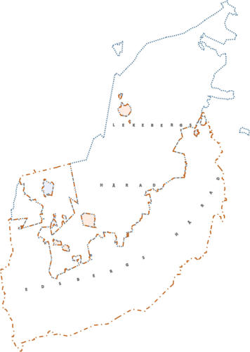 Lekebergs härad (blå gräns) och Edsbergs härad (orange gräns). (Kartan borttagen från bakgrunden)