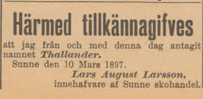 Byte av efternanb till Thallander. Karlstadstidningen 13 mars 1897.