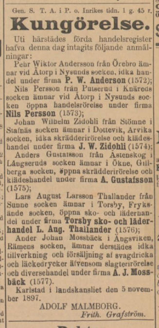 Verksamheten utvidgas till Torsby. Nya WermlandsTidningen. 9 november 1897.