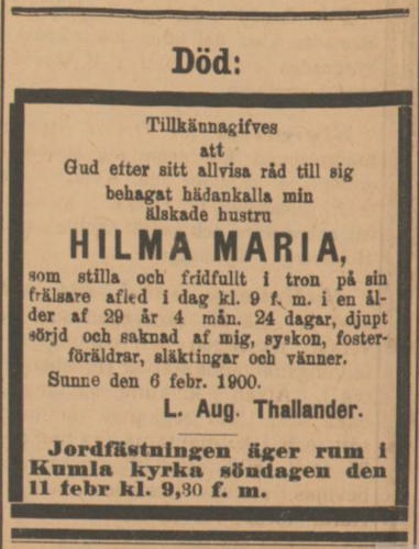 Hilma Marias dödsannons, två dagar innan begravningen. Nerikes Tidningen 9 februari 1900