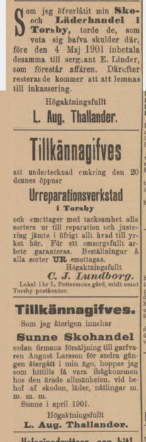 Annonser om Lars August försök att sälja skoaffärerna i Torsby och i Sunne. KarlstadsKuriren 14 maj 1901.