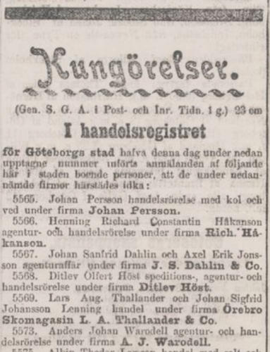 Ny affärsrörelse registreras, Thallander driver ej verksamheten själv, utan har en delägare i rörelsen. Göteborgs Handels- och Sjöfarts- Tidning 11 november 1902