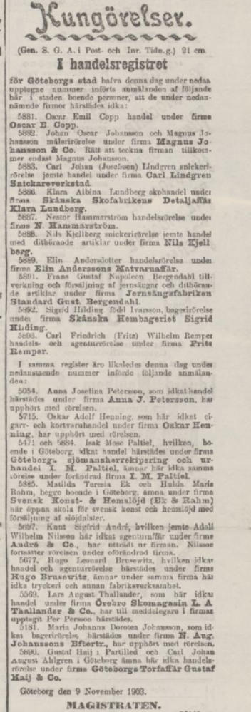 Ny delägare i firman. Göteborgs Handels- och Sjöfartstidning 10 november 1903.