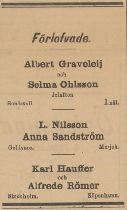 Förlovningsannons. Jämtlands Tidning 4 (eller 5) januari 1904.