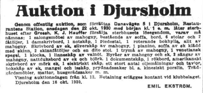 Annons om utauktionering av Hauffers hem, taget ur SvD 20 oktober 1930.