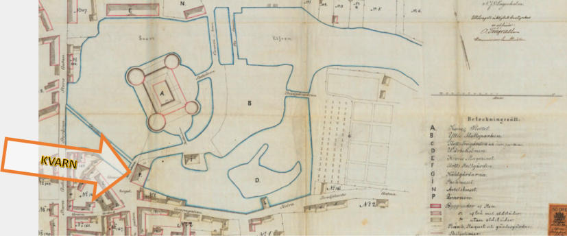 Karta från 1820-talet över bl a Örebro Slott och Örebro Kvarn (innan branden)