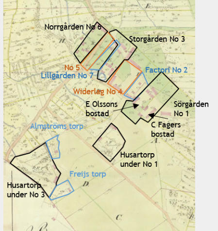 Gårdar mm utritade på en karta från 1843.