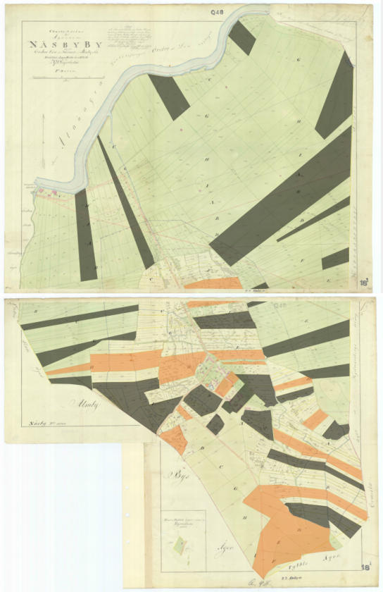 Claës Fagers mark innan laga skifte, utritat på kartan över Näsby, Almby från 1843.  (se kommentar i texten angående färgernas betydelse)