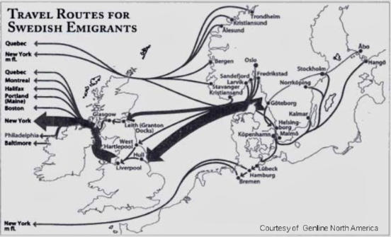 Så här tog de svenska emigranterna sig till Amerika. Pilen längst ner är den väg jag tror att Carl Johan har åkt.