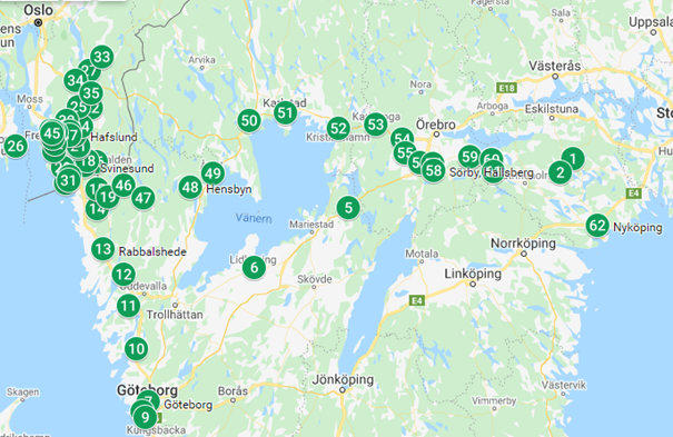 Platser som berörs i samband med avsnitt om det norska fälttåget och Fagerstedt.