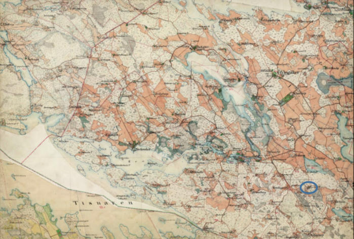 Häradsekonomiska kartan från 1800-tal (troligen). Peterborg inringat med blå ellips.