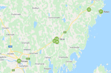 Kartan ovan av Fagerstedts rörelse under Finska kriget är här förstorad över Umeå och Sävar/Ratan.