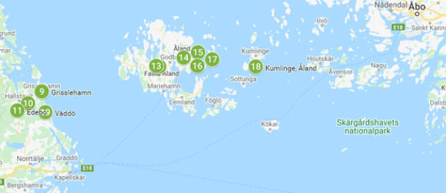 Kartan ovan av Fagerstedts rörelse under Finska kriget är här förstorad över Åland.